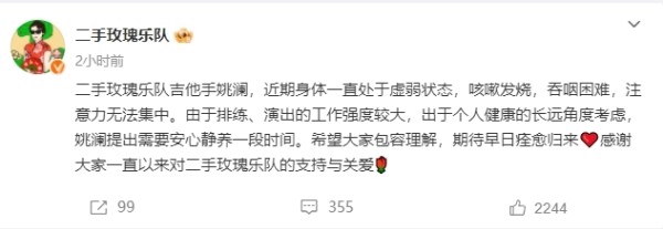 不参加《歌手》了？二手玫瑰乐队吉他手姚澜暂别演出