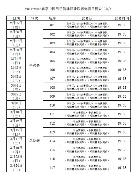 2014-2015CBA季后赛赛程安排