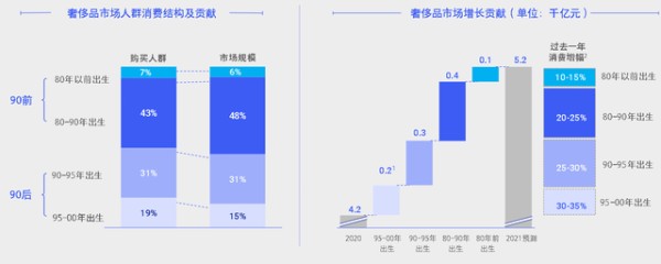 2021年奢侈品市场人群消费结构和增长贡献（图源：《2021年中国奢侈品市场数字化趋势洞察报告》）