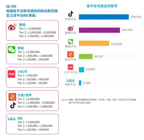 微播易, 《中国KOL市场营销白皮书洞察报告》2021六大新媒体平台KOL分布详解