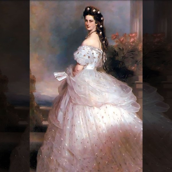 1865 年为奥地利伊丽莎白皇后设计的粉色薄纱舞会礼服，由 Franz Xaver Winterhalter 绘制