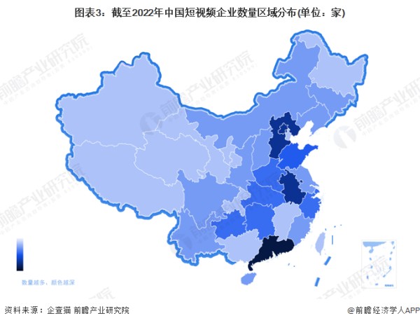 图表3：截至2022年中国短视频企业数量区域分布(单位：家)