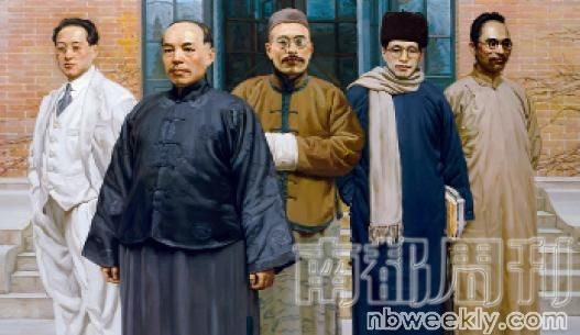 《国学研究院》布上油画 180×225 cm 2001年（画中为赵元任、梁启超、王国维、陈寅恪四导师以及当时任教务长的吴宓，此画拍出1344万元的价格。）