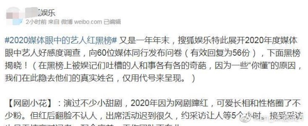 2020媒体眼中的艺人红黑榜：前一三名不难猜，第二名有争议