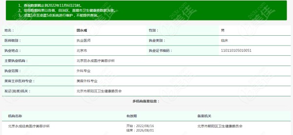 田永成医生在卫健委登记的信息