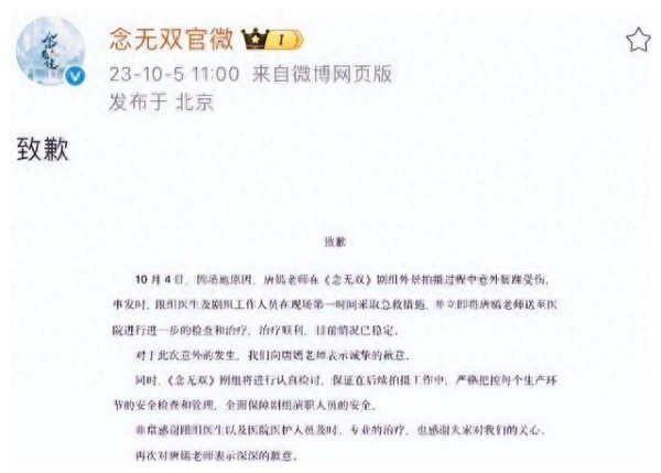 唐嫣拍戏受伤！剧组迅速道歉，陈道明曾发声嘲讽，罗晋沉默被牵连