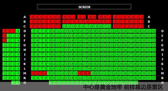 图为香港UA IMAX影厅网上订票选座图。前排和角落的座位都不卖，因为3D效果不佳。