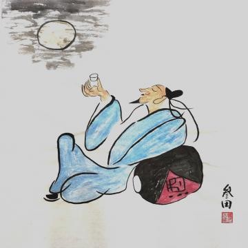 鲁叁田国画人物酒仙邀月图字画之家