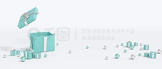 3D渲染概念蓝色打开礼品盒周围与小礼物和元素的商业设计。情人节，母亲节的背景。3D渲染。3D插图.