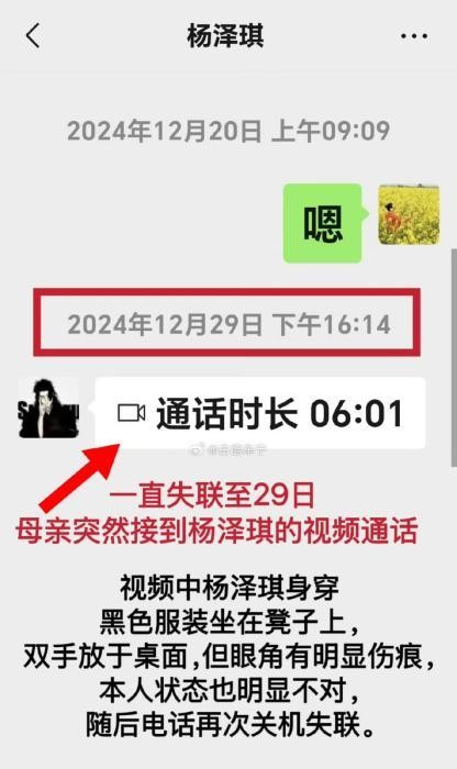 杨泽琪家属发布的聊天记录。社交媒体截图