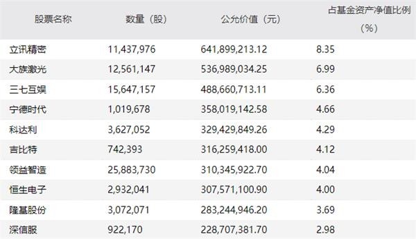 银华中小盘2020年四季报前十大重仓股