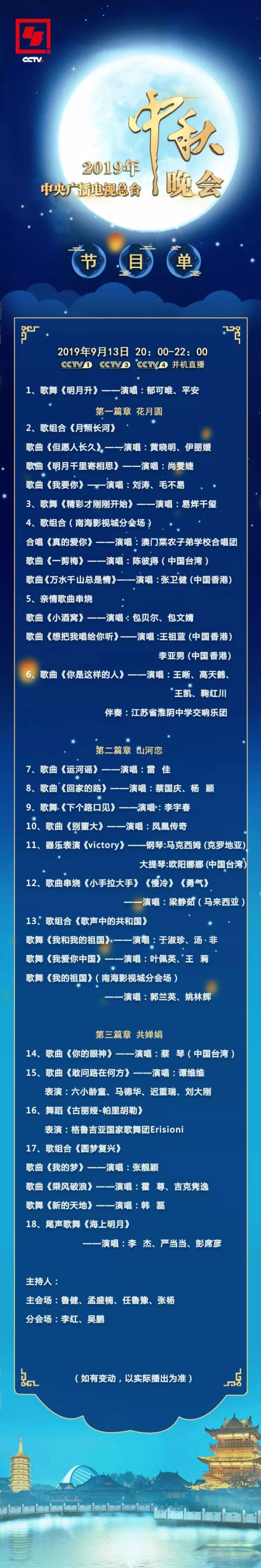 2019央视中秋晚会演出节目单公布 明星嘉宾阵容名单揭晓