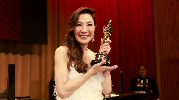 Oscar-winning actress Michelle Yeoh reacts to being elected to the International Olympic Committee