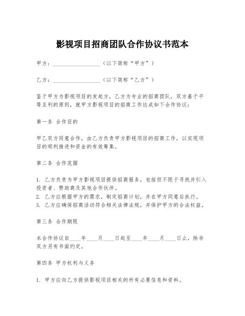 影视项目招商团队合作协议书范本