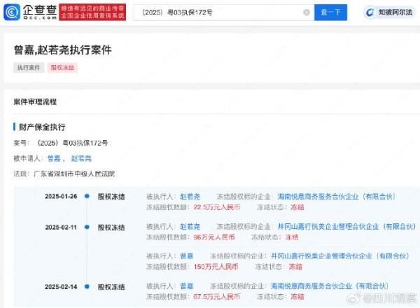杨幂前经纪人、嘉行传媒创始人被冻结217万股权，旗下签约迪丽热巴等艺人