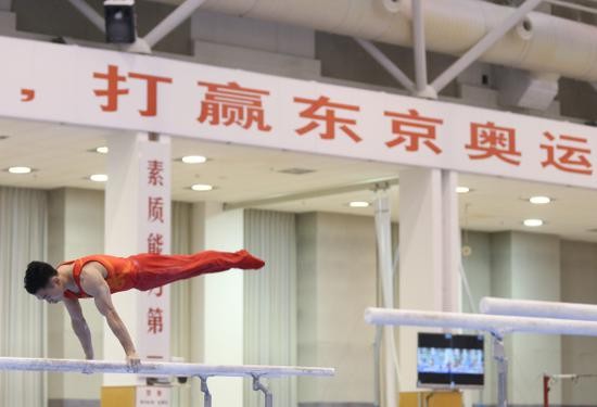中国体操队员邹敬园在双杠训练中（资料图）。新华社记者贾浩成摄