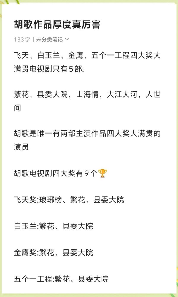 胡歌成唯一两剧满贯演员，奖项无数