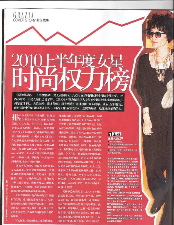 在《红秀Grazia》评选的“2010上半年女星时尚权力榜”中，王菲排名第一