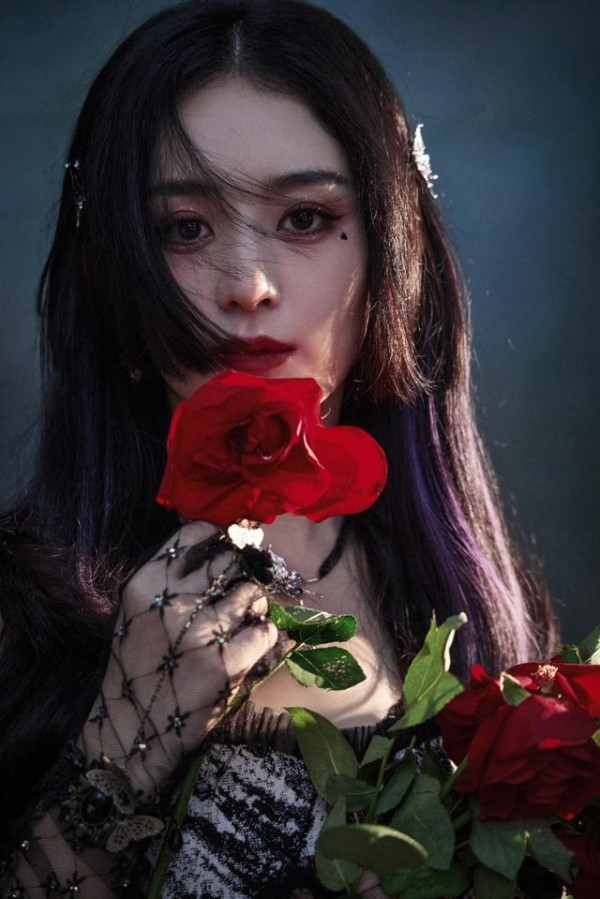 赵丽颖暗黑玫瑰造型好美，暗黑系妆容与鲜艳玫瑰搭配形成鲜明对比