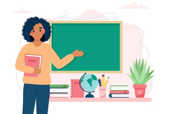 happy teacher s day concept black female teacher in classroom school and learning cute vector illustration in flat cartoon style