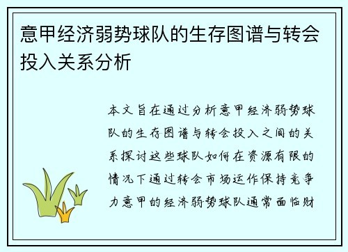 意甲经济弱势球队的生存图谱与转会投入关系分析