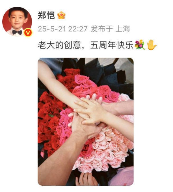 郑恺晒全家叠手照与苗苗纪念结婚五周年