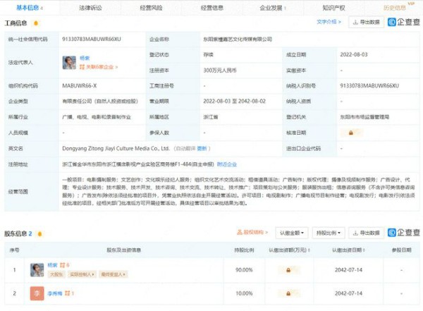 杨紫公司叫什么 杨紫首家文化传媒公司注册资本300万元
