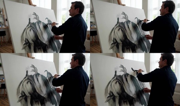 艺术家创作绘画作品 画家工作室绘画过程