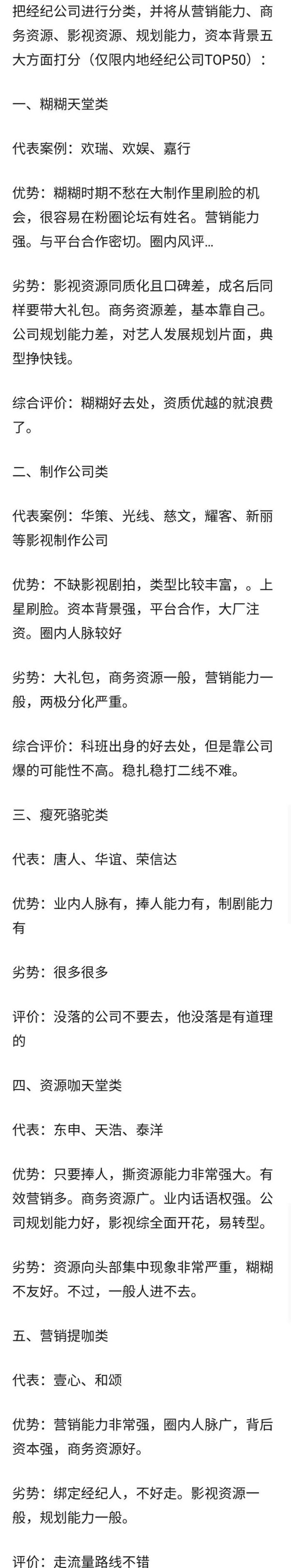 网友对内娱经纪公司分类并附带详细解读️