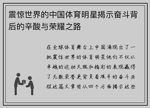 震惊世界的中国体育明星揭示奋斗背后的辛酸与荣耀之路