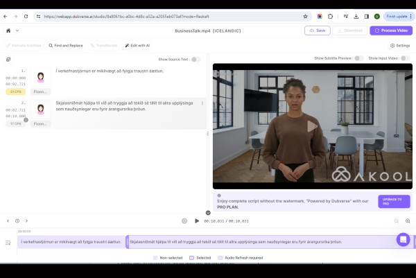 akool video editor page with AI-translated script
