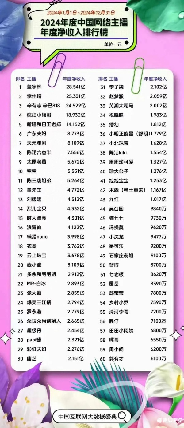 024年度中国网络主播净收入排行榜"