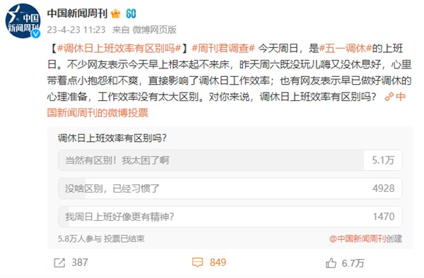 近9成网友表示调休影响工作效率：摸了一天鱼 啥也没干