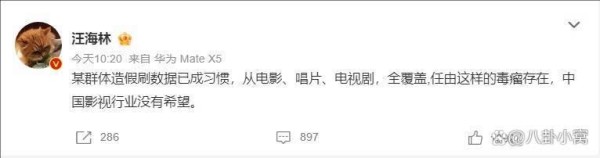 知名编剧汪海林吐槽造假刷数据，肖战王一博粉丝在评论区吵翻了