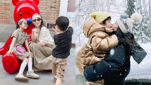 章子怡罕晒儿女近照，5岁儿子侧脸像极妈妈，母子雪地亲亲