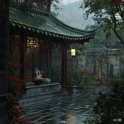 雨中的中式庭院静谧优雅的自然画卷