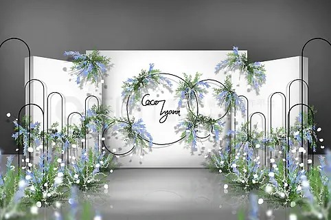 白绿色小清新明星应援花墙婚礼效果图迎宾区