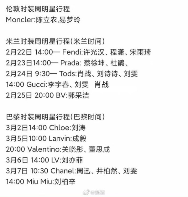 米兰时装周明星行程（米兰时间）已出