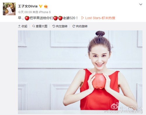 王子文微博截图。