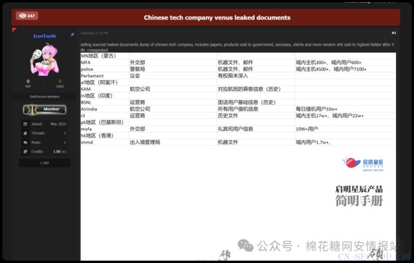疑似某明星辰文档数据泄露至暗网论坛 darkforums