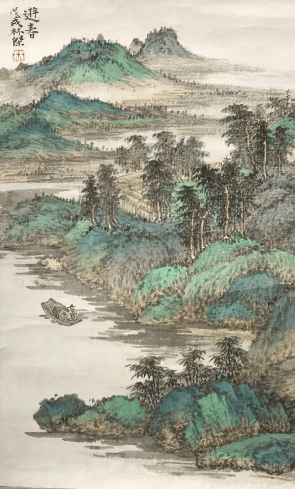 林杰《游春》：老者船上览胜，画面精炼，充满了青绿山水的灵动