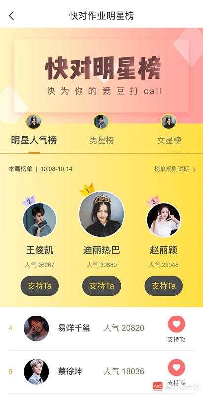 “快对作业”APP设有明星榜，号召用户打榜。
