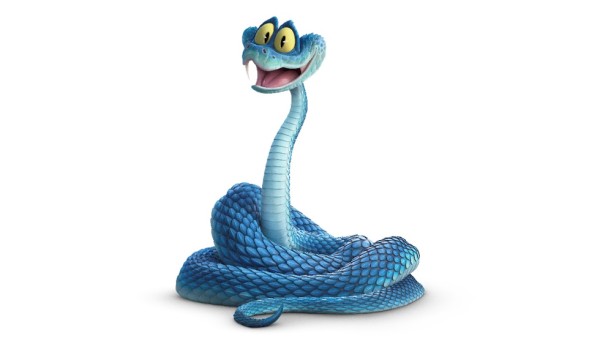 cartoonish blue snake with a friendly expression and large eyes