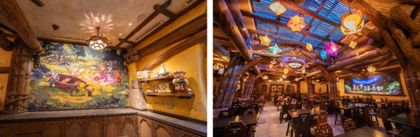 interior of a themed dining area featuring cartoon character murals and wooden decor