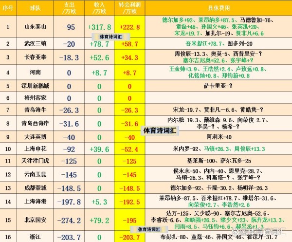 中超转会费：浙江国安花费多，海港蓉城紧随，泰山三镇等4队盈利