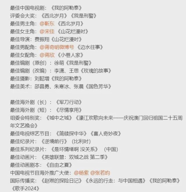 图像内容为一份关于影视作品和人物的表彰与推荐名单，包括最佳电视剧、演员、导演、摄影、美术、外剧、综艺、纪录片、系列纪录片、动画片等多个类别，突出强调了《我的阿勒泰》《西北岁月》《山花烂漫时》《烈火如歌》《小美人家》等作品及相关人物。