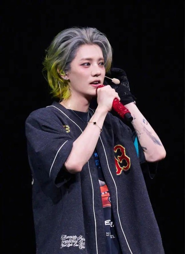 鹿晗年轻女歌手在舞台上表演，手持麦克风，展现自信与魅力