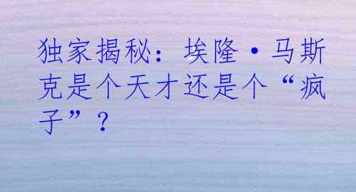 独家揭秘：埃隆·马斯克是个天才还是个“疯子”？