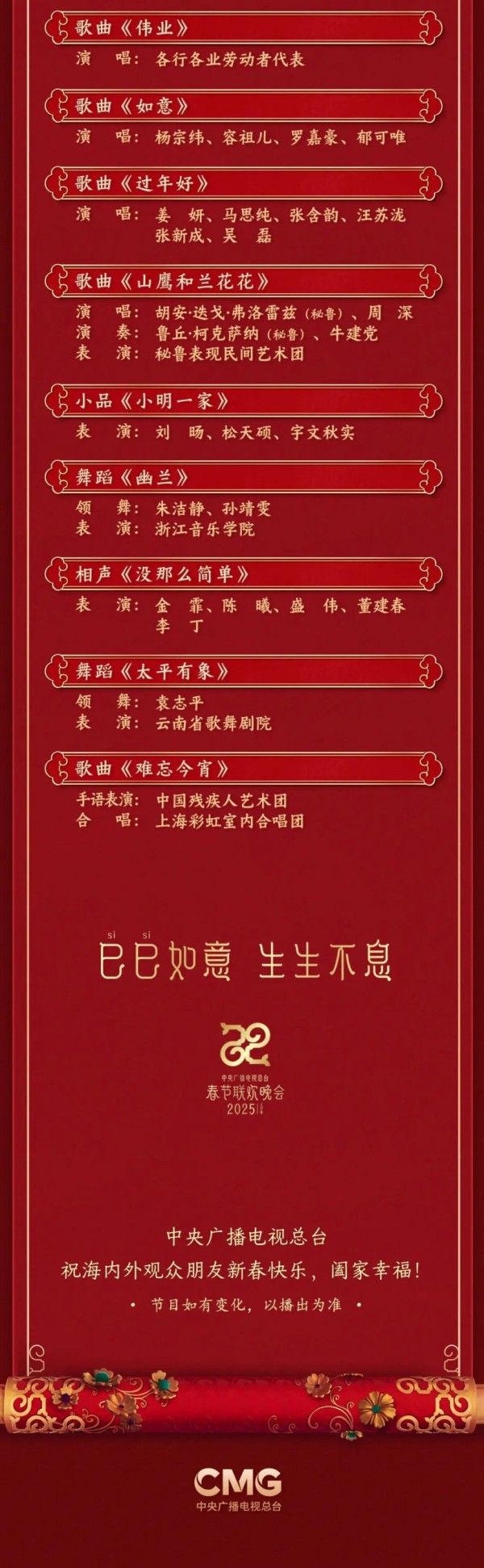 2025年央视春晚节目单及演员表