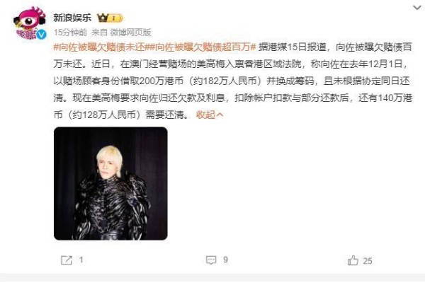 向佐被曝欠债事件引发关注，要求偿还逾140万港币债务